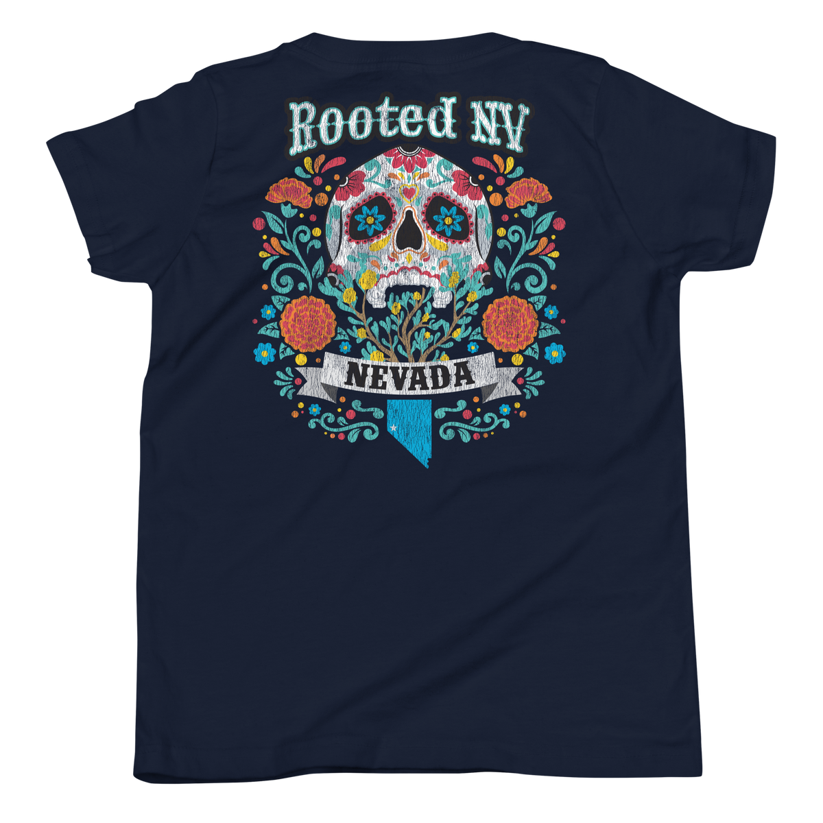 Youth Nevada Day Of The Dead Graphic T-Shirt – Relaxed Unisex Fit, Soft Cotton in navy blue with colorful Day of the Dead skull graphic