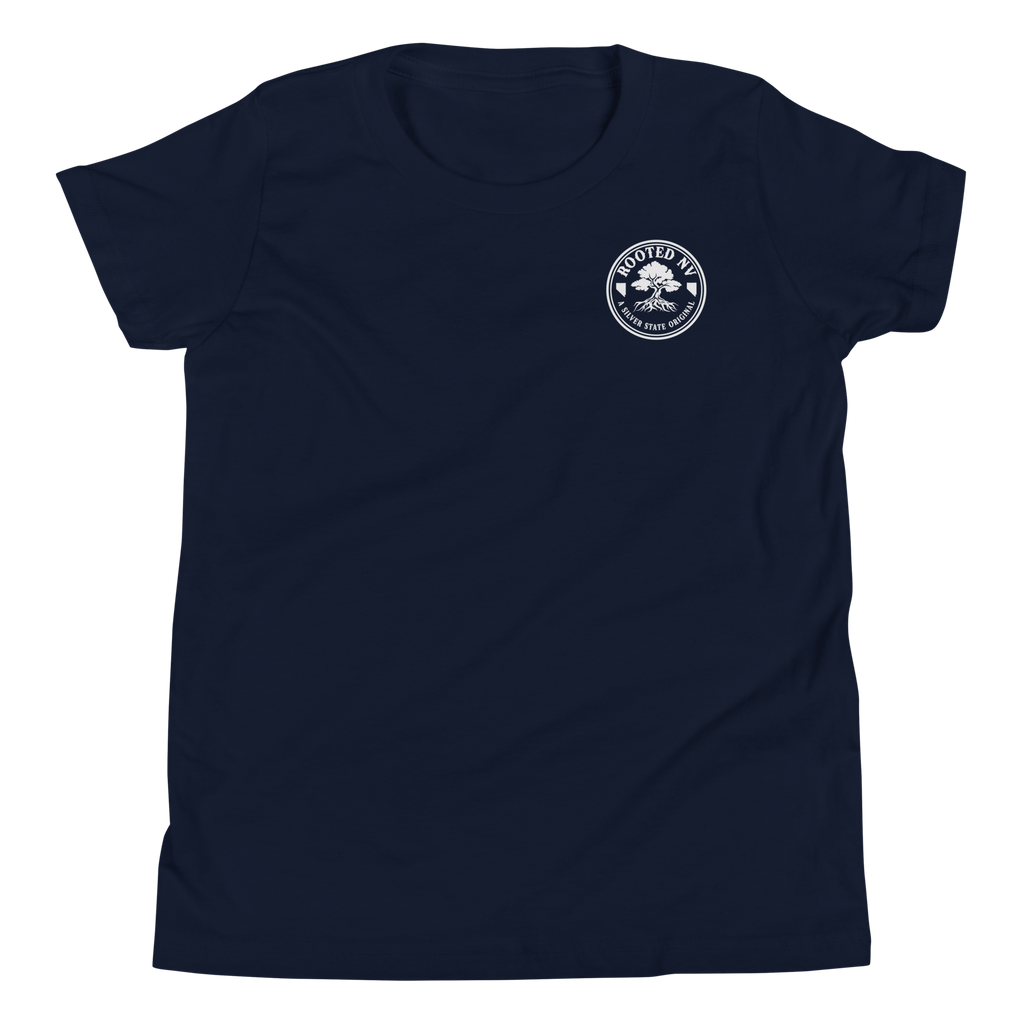 Youth Rooted Tree Ring Graphic Tee - Soft Relaxed Fit in navy featuring a small white Rooted NV tree logo on the chest
