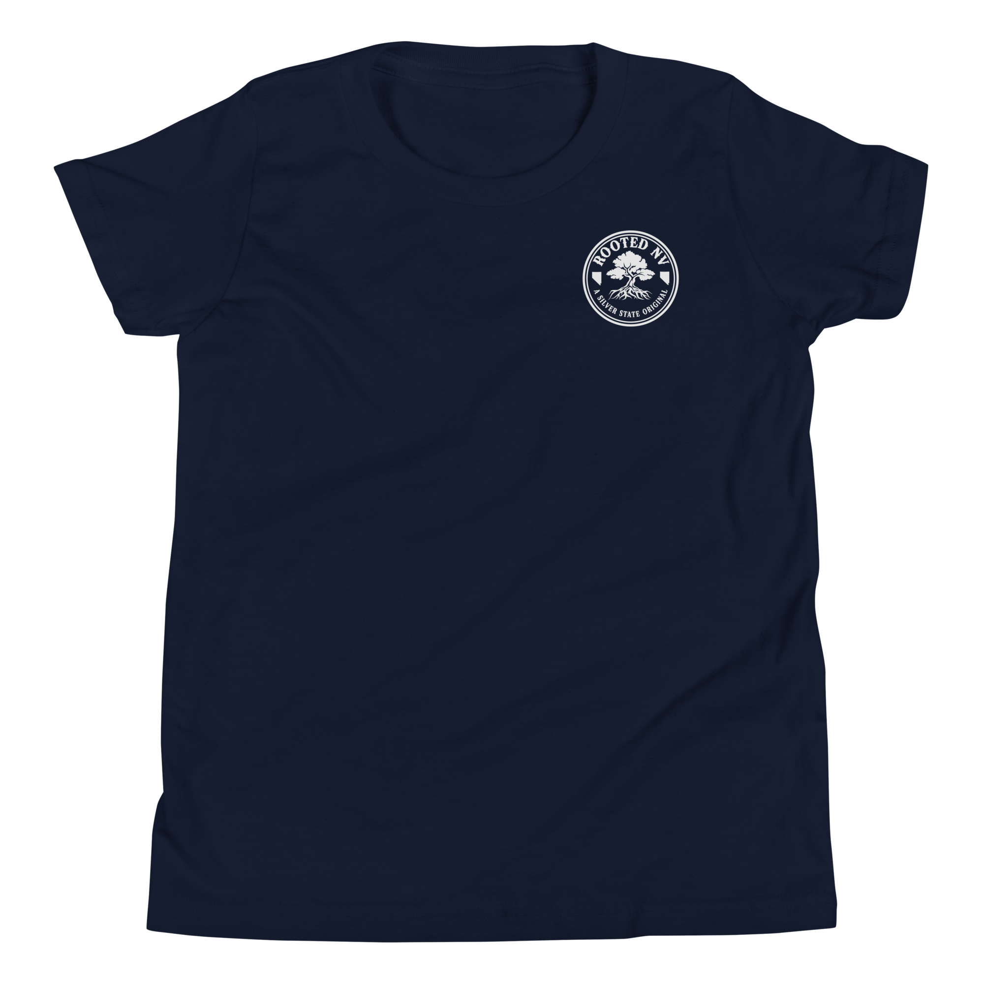 Youth Rooted Tree Ring Graphic Tee - Soft Relaxed Fit in navy featuring a small white Rooted NV tree logo on the chest