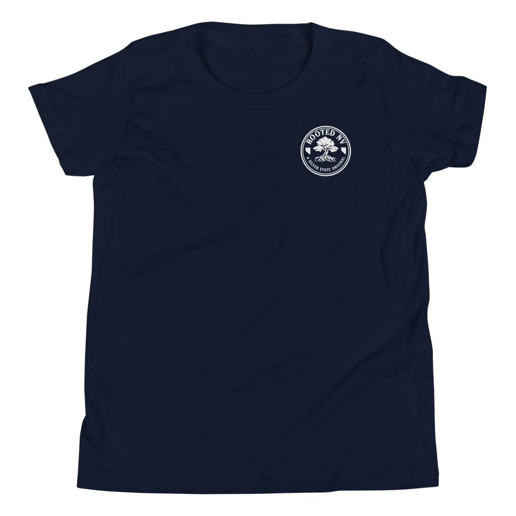Youth Nevada Day Of The Dead Graphic T-Shirt – Relaxed Unisex Fit, Soft Cotton in navy blue showing the Rooted NV chest logo