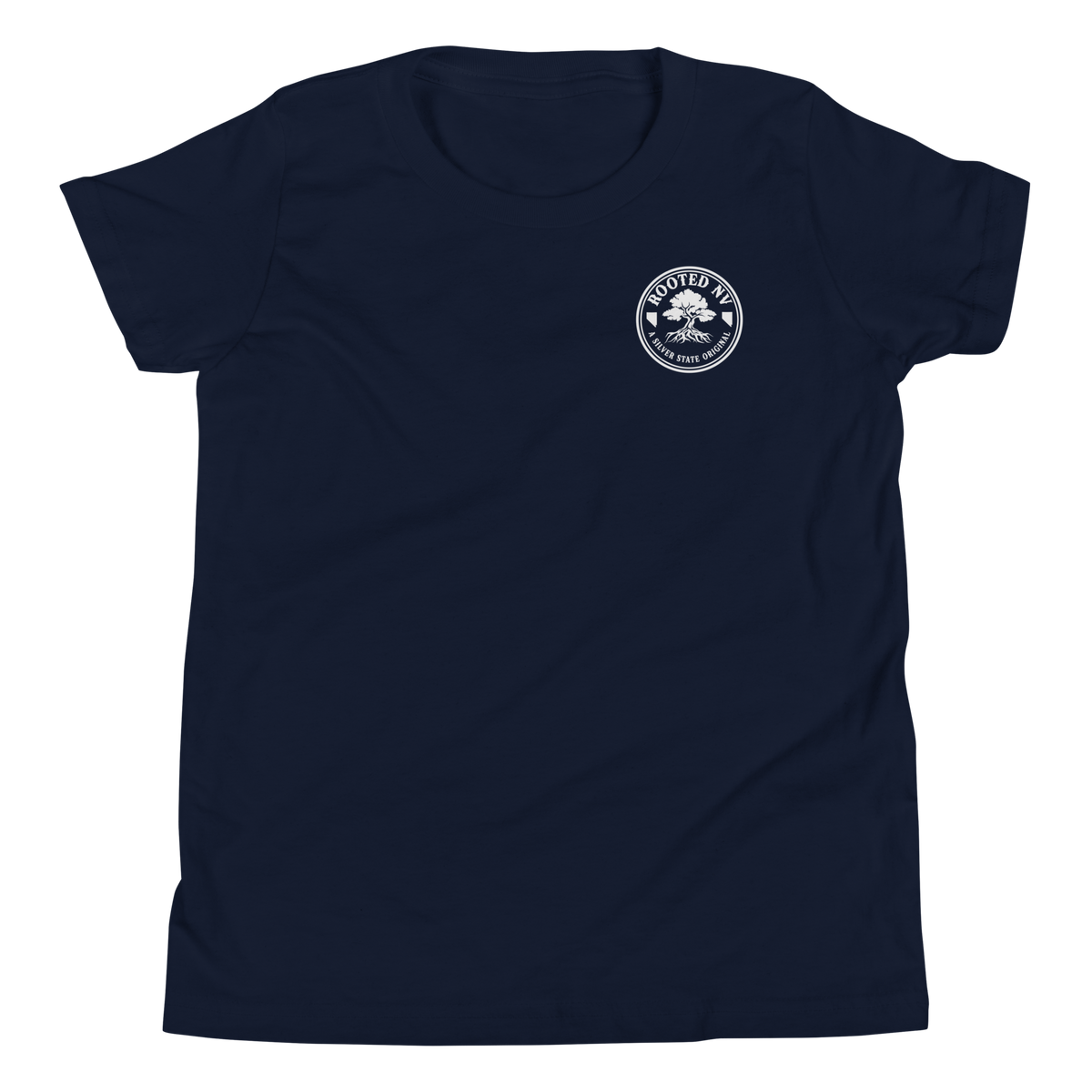 Youth Nevada Day Of The Dead Graphic T-Shirt – Relaxed Unisex Fit, Soft Cotton in navy blue showing the Rooted NV chest logo